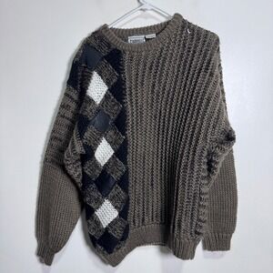 Gabrielle Sweater Mens M Brown Black Argyle Leather Patchwork Vintage Knit